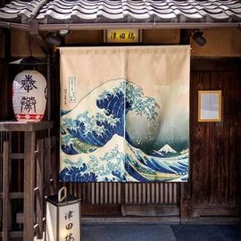 LIGICKY Japanese Curtains, Noren Short Curtains, Door Curtain, Thickened Linen Tapestry for Home Textiles, Room Divider, 85 x 90 cm (Ukiyoe Hokusai The Great Wave Off Kanagawa)