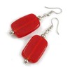 Red Glass Square Drop Earrings with Silver Tone Closure -