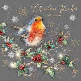 Cherry Orchard Open Christmas Card, Christmas Wishes Just for you. Beautiful little Robin Design, finished with gold foil, comes with Gold Envelope