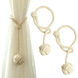 Voyzdx 2 Piezas Alzapaños De Cortina para Decoración Sala De Estar,Alzapaños de Cortina con Bola Tejida Grande,Alzapaños de Cuerda de Algodón,Alzapaños Decorativos para Cortinas (Beige)