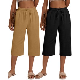 Neer 2 Pack Women's Linen Capri Pants Basics Wide Leg Casual Loose Drawstring Elasticated Beach Capris Pant with Pocket(X-Large,Black, Dark Khaki)