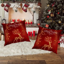 YOSTEV Christmas Decorations Throw Pillow Covers 18x18 Inch Set of 2, Red Xmas Zippered Cushion Decoration Pillowcases Sparkle Reindeer Couch Décor