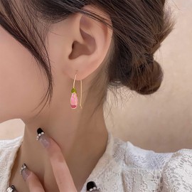 Allereya Vintage Tulip Flower Dangle Earrings Pink Floral Drop Earrings Enamel Tulip Earrings Flower Threaded Earrings Birth Flower Earrings Jewelry for Women
