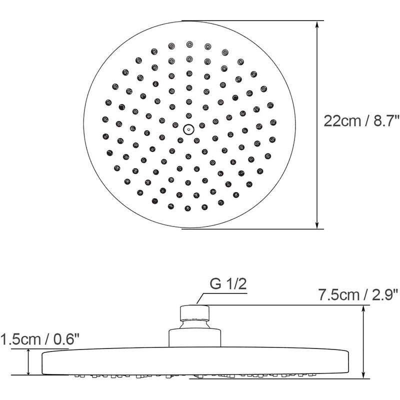 8.7 Inch Fixed Shower Head 220 cm Rainfall Swivel Ball