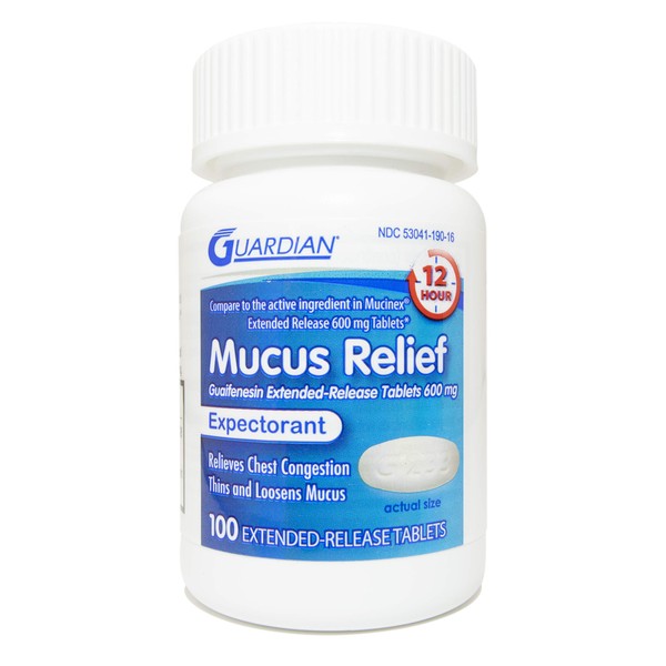 Guardian Mucus Relief, 600mg Guaifenesin 12 Hour Extended Release, Chest Congestion Expectorant (100 Count Bottle)