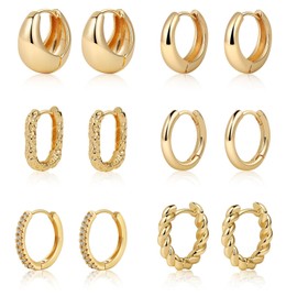 Tasiso Small Hoop Earrings for Women, 6 Pair 14K Gold Plated Huggie Hoop Earrings Lightweight Hypoallergenic Earring Set Cute Earrings Pack for Women Trendy Jewelry Gifts