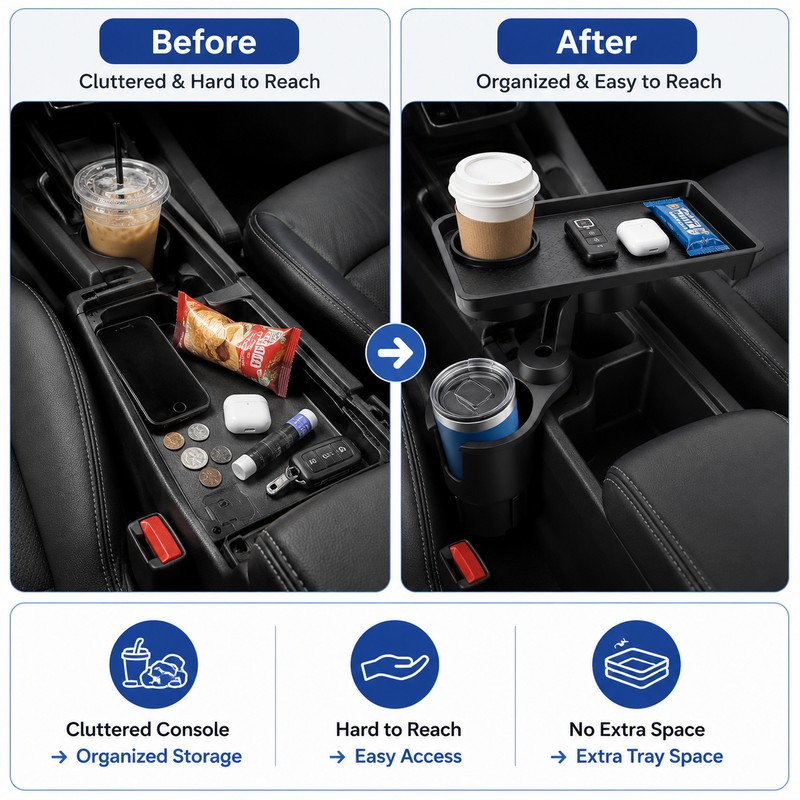 Car Cup Holder Expander with Food Tray – 360° Adjustable