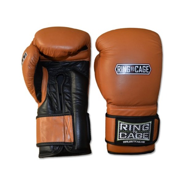 Ring to Cage 20oz, 22oz, 24oz Deluxe MiM-Foam Sparring Gloves - Safety Strap Boxing Training Gloves, for Boxing, MMA, Muay Thai, Kickboxing (20oz, Tan/Black)