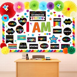 Pasimy Affirmation Station Bulletin Board Set 3D Motivational Classroom Decorations with Paper Fans Flower Ball Bright Colorful Mirror Growth Mindset I Am Positive Cutouts for Back to School Wall