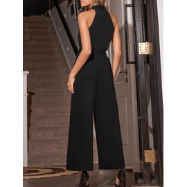 CUPSHE Maxi Jumpsuit for Women Crossover Halter Neck Smocked Waist Belt Straight Leg with Pockets Fall Overall Romper Black L