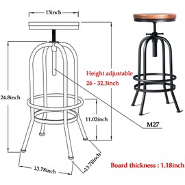 Diwhy Industrial Bar Stool-26-32 Inch Adjustable Swivel Metal Wood Stool Counter Height Bar Stool with Footrest-for Kitchen,Dining Side Chair,Pub,Bistro (Black 2pcs)