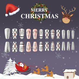 24 Pcs Christmas Press on Nails Medium Coffin Fake Nails with Glue Glitter Full Cover False Nails with Cute Elk Designs Christmas Glue on Nails Acrylic Nails Press ons Winter Stick on Nails for Women