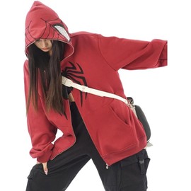 Obenie Y2k Spider Print Hoodies Hip Hop Zipper Long Sleeve Jacket Coats Harajuku Casual Loose Hooded Sweatshirt (red,M,Medium)