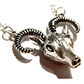 Goat Head Pendant Necklace Baphomet Aries Capricorn Silvertone Big Horn Sheep Ram