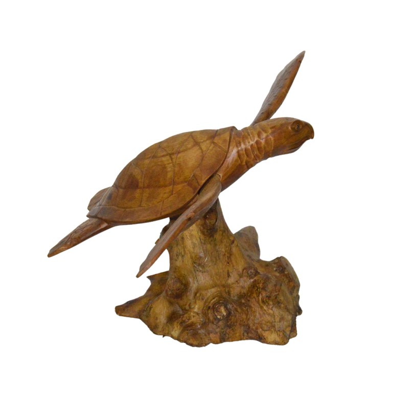 WorldBazzar Hand Carved Mahogany SEA Turtle ON Coral Log Drift