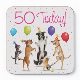Dancing Dogs 50th Birthday Drinks Coaster - Pink - Age 50 Funny Birthday Gift For Women - 50th Birthday Gift For Her - Age Fifty Birthday Present - Age 50 Birthday Gift - Milo's Gallery
