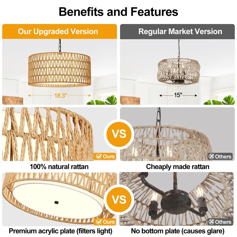 Farmhouse Chandeliers for Dining Room, Hand Woven 5-Light Rattan Pendant