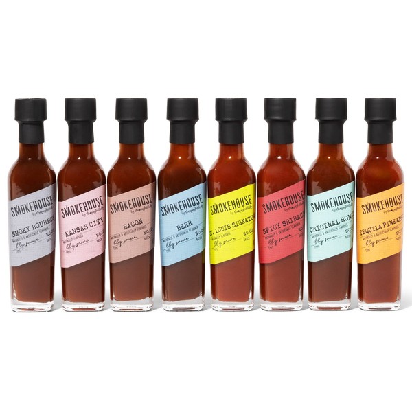 Smokehouse by Thoughtfully, Gourmet BBQ Sauce Sampler Set in Glass Bottles, Vegan and Vegetarian, Flavors Include Smoky Bourbon, Sriracha, Smoky Bacon, Honey BBQ Sauces and More, Pack of 8