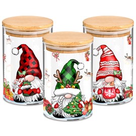 3 Pack Christmas Glass Storage Jars With Airtight Bamboo Lid Gnome Snowflakes Canister Sets for Christmas Kitchen Countertop Decor Christmas Cookie Jars Candy Containers