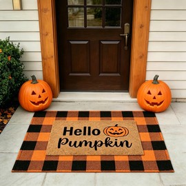 Halloween Layered Front Doormat Set, Hello Natural Coco Coir Door Mat + 28"x43" Orange Black Buffalo Plaid Rug, Non-Slip Porch Rug Outdoor Entryway Decor for Front Porch, Patio