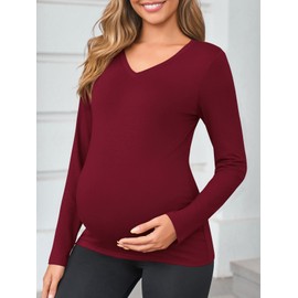 Yousify Womens Maternity Tops V Neck Long Sleeve Fitted Tunic Shirts Casual Basic Tees Mama Pregnancy Clothes Wine Red