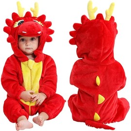 MUST ROSE SPORTS AND HOMEWEAR Unisex Baby Flannel Romper Animal Onesie Costume Hooded Cartoon Outfit Suit (Red Dragon, 70(0-5M)