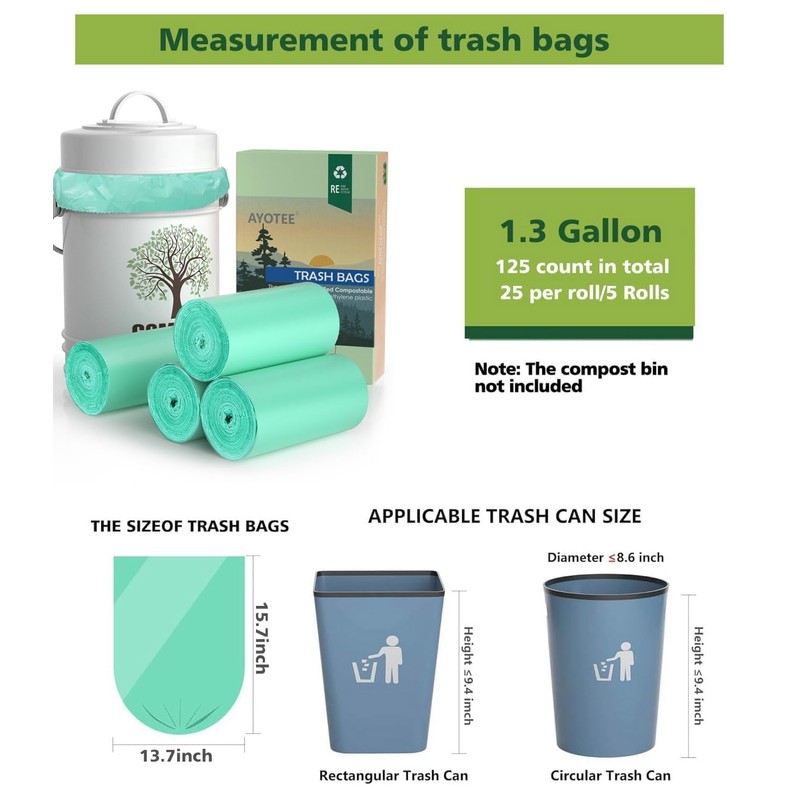 AYOTEE 100% Compostable Trash Bags, Small Compost Bags 1.3 Gallon,