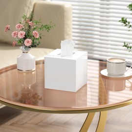 AITEE Acrylic Square Cosmetic Tissue Box: 14 x 14 x 14 cm, White Tissue Box with Magnetic Cover for Dining Room, Bathroom, Bedroom, Office, Coffee Table, Car