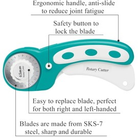 Headley Tools Rotary Cutter with 5 Replacement Blades, Fabric Cutter with Ergonomic Handle and Safety Lock Rotary Cutter 45 mm for Fabric, Leather, Crafts, Sewing, Quilting (Green)