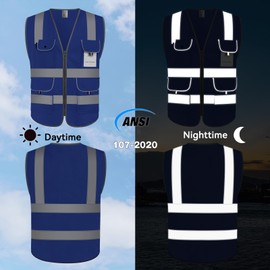 Uno Mejor Blue Safety Vest - Hi Vis Reflective Vest with 9 Pockets, Meets ANSI, XG100-Blue Large