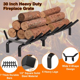 FEED GARDEN Fireplace Grate 30 inch Heavy Duty Fireplace Log Holder, 1/2" Solid Steel Bar Fire Pit Grate for Indoor Outdoor, Wood Stove Fireplace Accessories Wrought Iron Firewood Burning Rack
