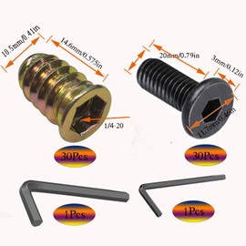 30 Sets 1/4-20 x 3/4" Furniture Screw Nut Threaded Inserts for Wood,1/4-20 x 19/32" Nut Threaded Wood Inserts Bolt Fastener Connector Hex Socket Drive Screw-in Nuts with Hex Spanner