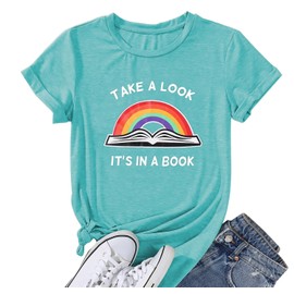 Funny Saying Reading Rainbow Book Tshirts for Women Cute Teacher's Day Gift Shirt Love Heart Letter Graphic Shirts (Mint Green-XXL)