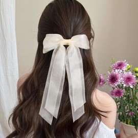 Beige Silky Yarn Hair Bow Clips Long Tails Korean Tulle Hairpins Handmade Soft Hair Accessories for Women Girls Wedding Birthday Party