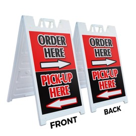 A-Frame Sidewalk Order Here Pick Up Here with Arrows 24" x 36" Double Sided A-Frame Sidewalk Sign, Includes 2 Plastic Inserts | Foldable Portable White Signicade Sandwich Board Signs