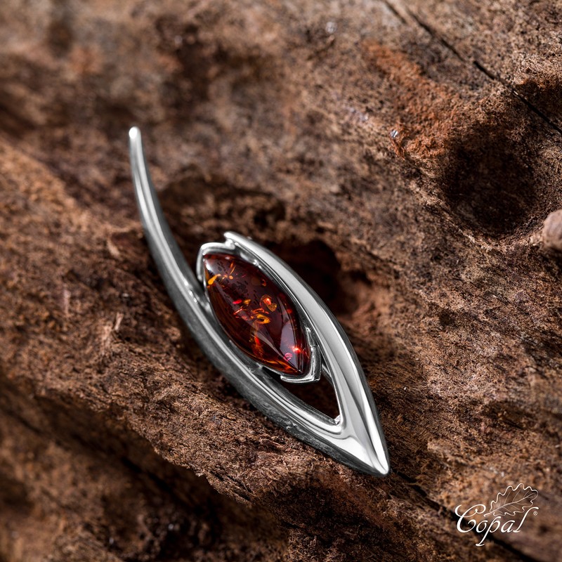 925 Silver Lapel Pin with Amber in Gift Box, Gemstone,
