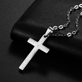 Flongo Lords Prayer Cross Pendant Necklace: Silver Stainless Steel Necklace with 22 Inches Chain Cross Pendant Engraved Bible Necklace Religious Jewelry Gifts for Women Men