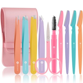 KINGMAS 10Pcs Tweezers Set for Women Facial Hair, Precision Tweezer for Eyebrows with Curved Scissor and Eyebrow Razor for Ingrown Hair with Case