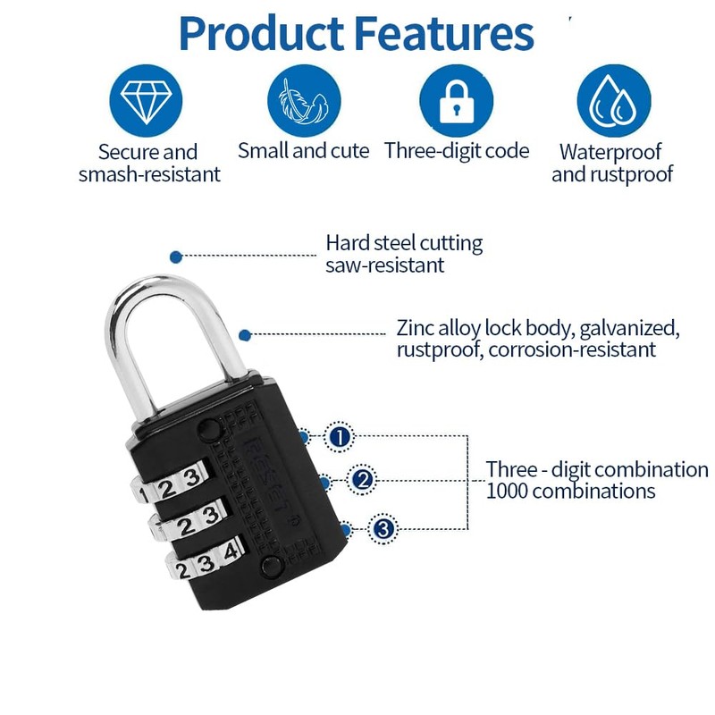 RESET -071 3-Digit Mini Combination Lock Compact Combination Lock for