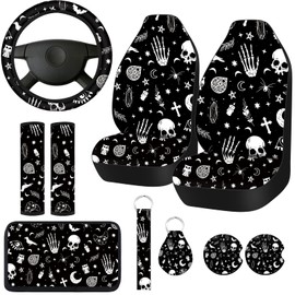 10 Pcs Moon Star Car Seat Cover Full Set for Women Men Steering Wheel Cover Front Seat Cover Belt Pad Armrest Pad Cover Car Coaster Keychain Wrist Holder for Universal Car SUV Truck(Vivid Pattern)
