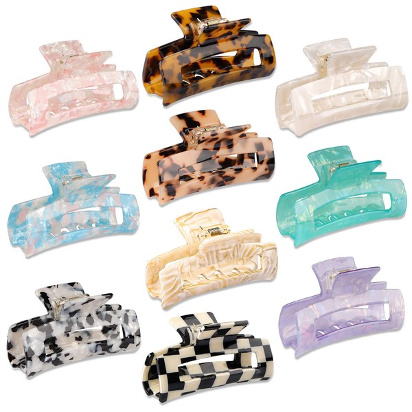 HAYHOI 10 Pcs Hair Claw Clips for Women, Opal Marble Tortoise Acrylic Large Claw Clip for Thick Thin Hair, Cute Butterfly Hair Barrettes Pins, Aesthetic Styling Accessories for Girls-Rectangle
