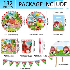 132Pcs Farm Birthday Decorations Farm Animals Party Supplies Tableware Set With Paper Plates Cups Napkins Forks Banner Gift Bags Tablecloth for Farm Birthday Party Baby Shower Decorations