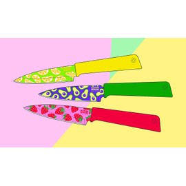 KUHN RIKON Colori+ Non-Stick Straight Paring Knife with Safety Sheath, 4 inch/10.16 cm Blade, Funky Fruit Avocado