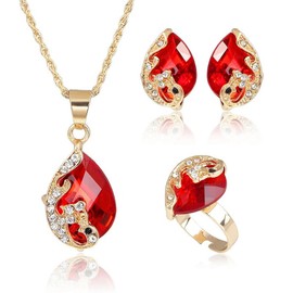 Red Jewelry Set for Women Costume Jewelry Necklace Stud Earrings Adjustable Ring for Ladies Gifts