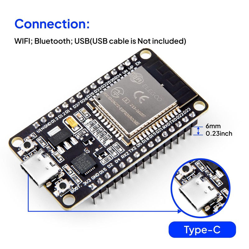ELEGOO ESP32 2pcs ESP-WROOM-32 Development Board, USB Tyce-C, 2.4GHz Dual