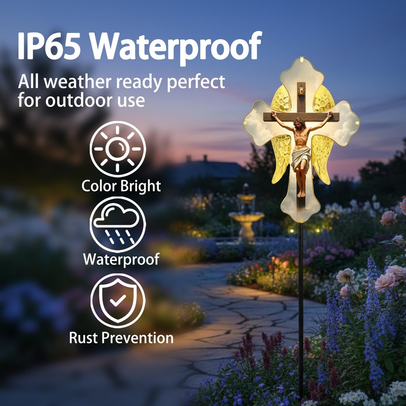 Solar Glass Jesus Cross Outdoor Light Power Stake Tombstone Wings
