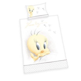 Herding Looney Tunes Organic Bed Linen Set, GOTS Certified, Reversible Motif, Pillowcase 40 x 60 cm, Duvet Cover 100 x 135 cm, Cotton/Renforcé, White/Multicoloured, 100 x 135 cm