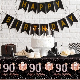 GREHUMOR 3Pcs 90th Birthday Tablecloth Decorations for Women-Rose Gold Pink Table Cloth Happy 90 Birthday Theme Party Supplies Table Cover Plastic Disposable Rectangular Party Decorations