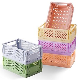 HUUSMOT Paquete de 6 pequeñas cestas de almacenamiento de plástico pastel, cajas plegables para organizar, mini contenedores que ahorran espacio para 