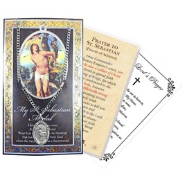 St Sebastian Medal Necklace - Pewter Saint Medal With Chain, Laminated Card, The Lord's Prayer Card - Patron of Athletes Themed Set - 3 Items